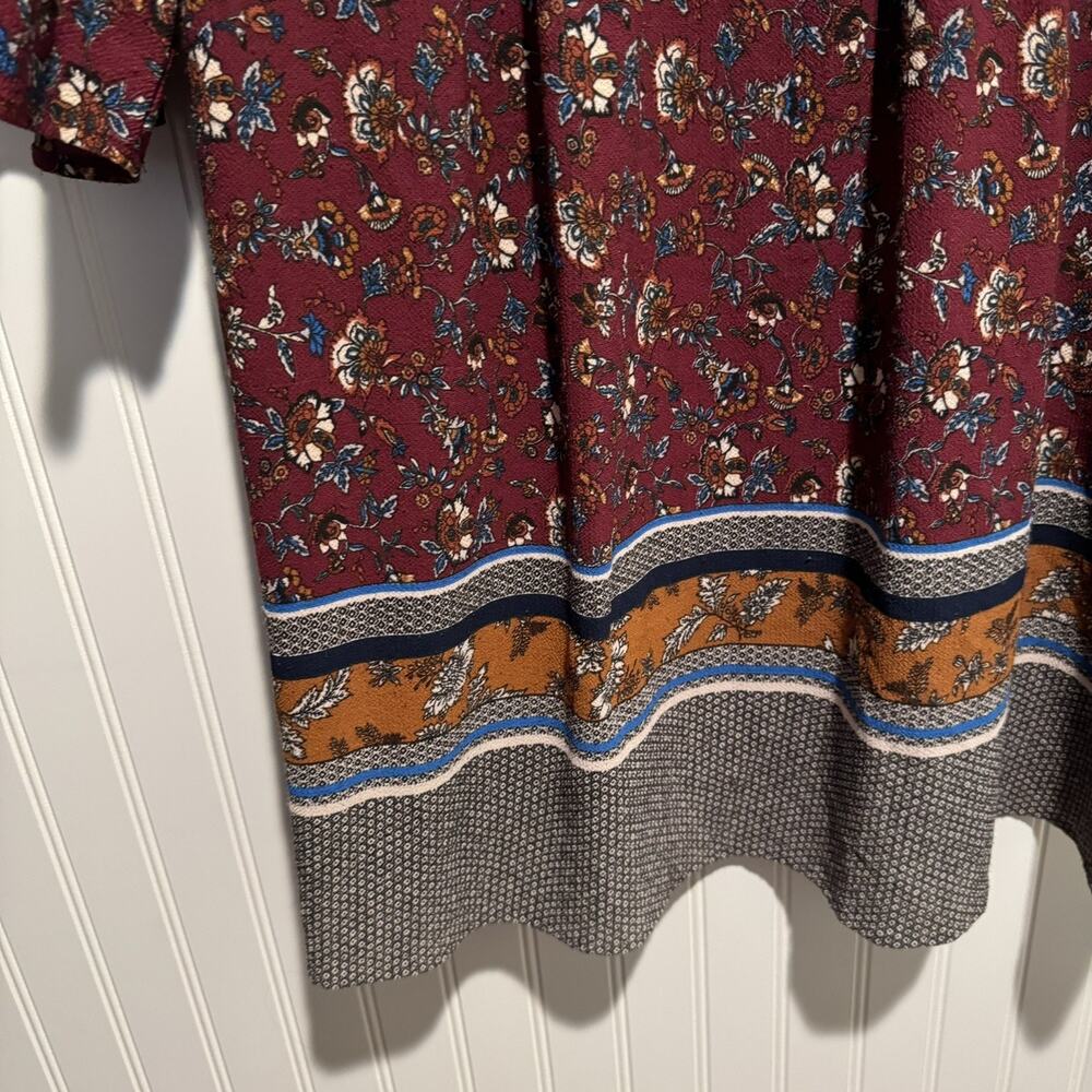 Skies Are Blue Maroon Floral Midi Dress Pintucked Split Neck Plus Size 3X - Picture 2 of 7